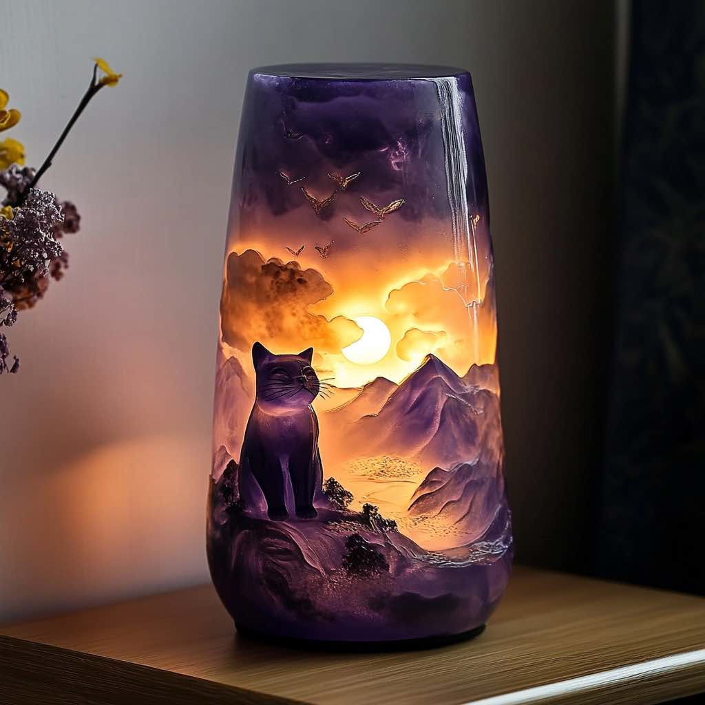 A majestic purple lamp with a cat sitting atop a hill, gazing at a glowing sun.