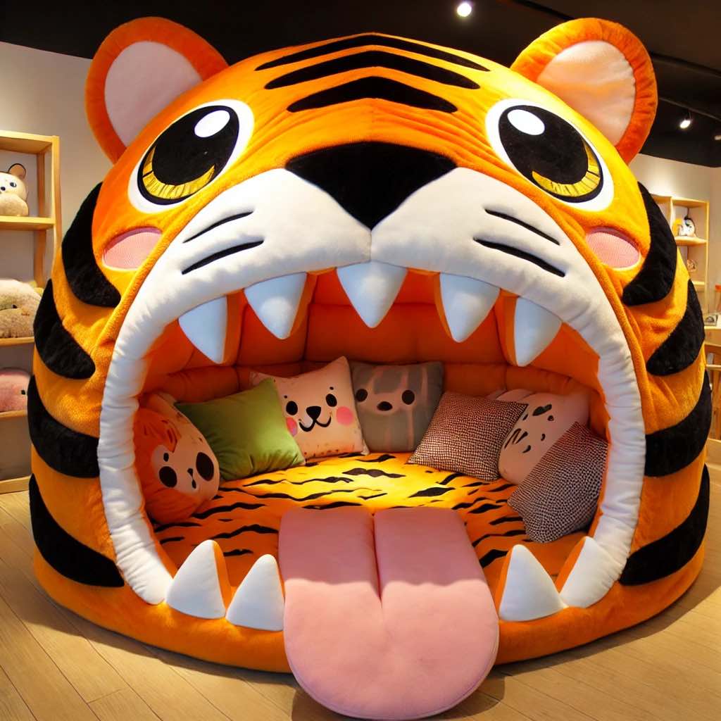 Animal-Themed Beds: Bright orange tiger-shaped bed with plush cushions, featuring a fun open-mouth design and cosy lounging space.