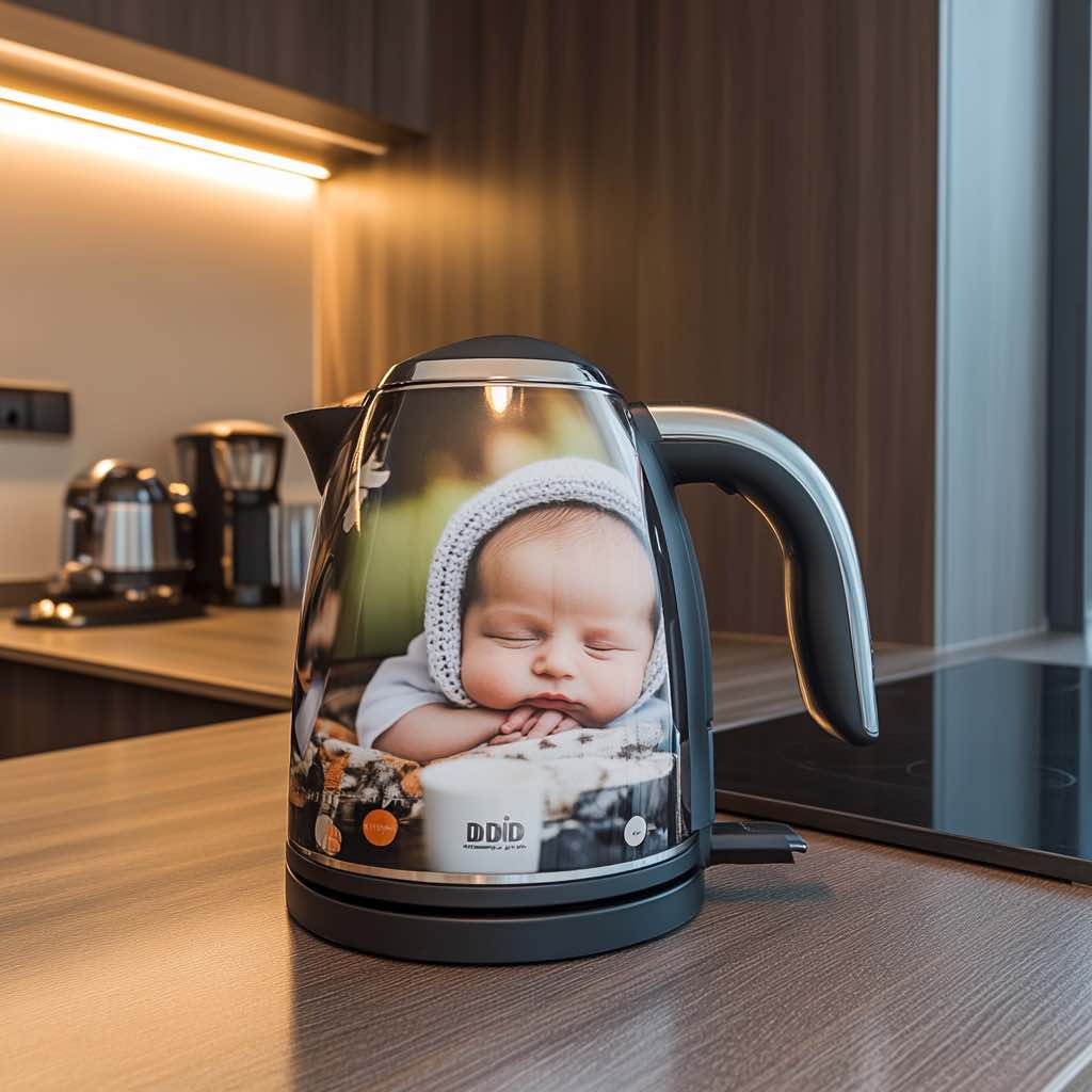 A close-up of a kettle featuring a peaceful newborn baby photo, placed on a wooden kitchen counter.