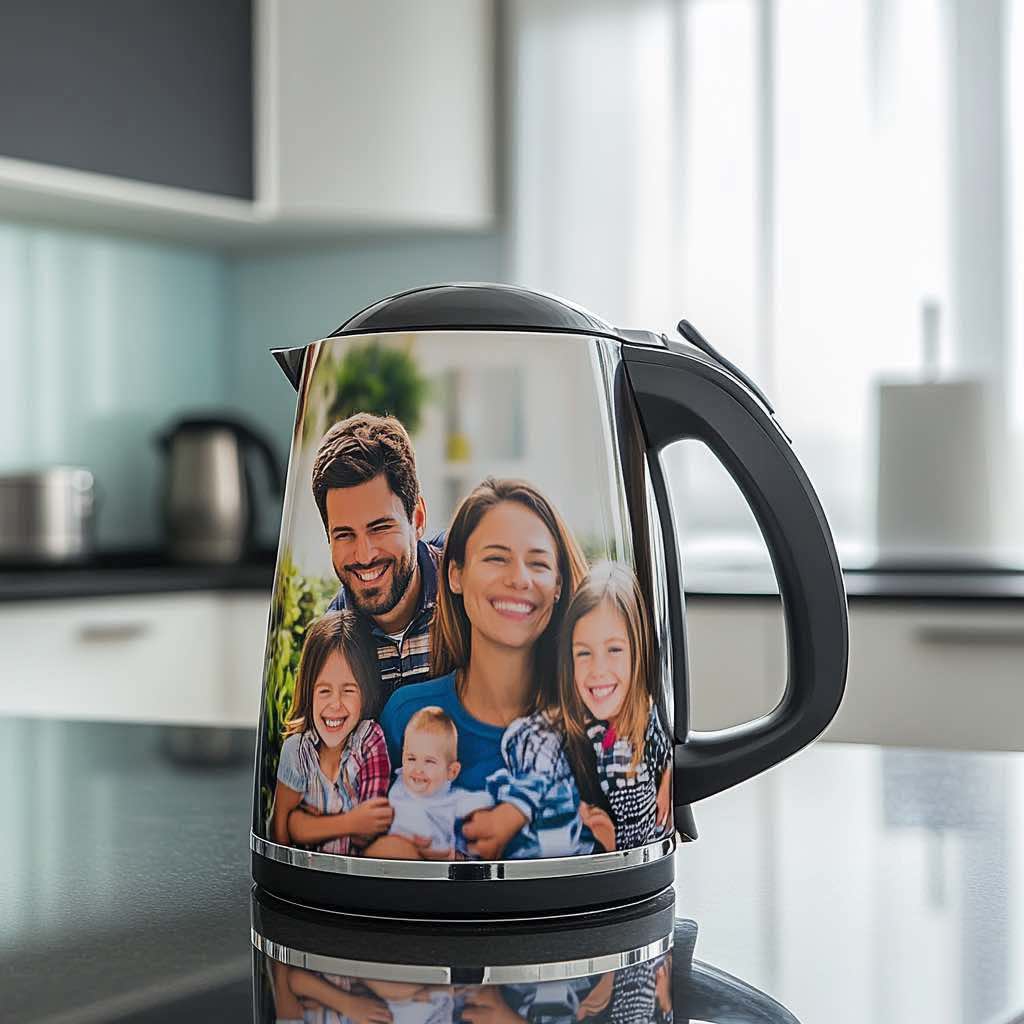 A modern kettle with a happy family photo printed on it, adding a sentimental touch to the kitchen