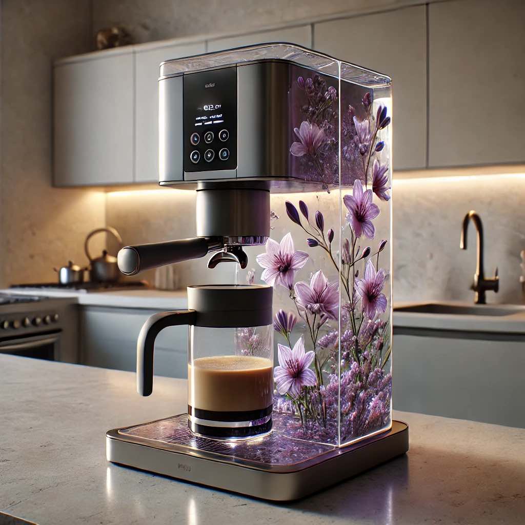A stylish coffee machine with a transparent floral design featuring delicate purple flowers.