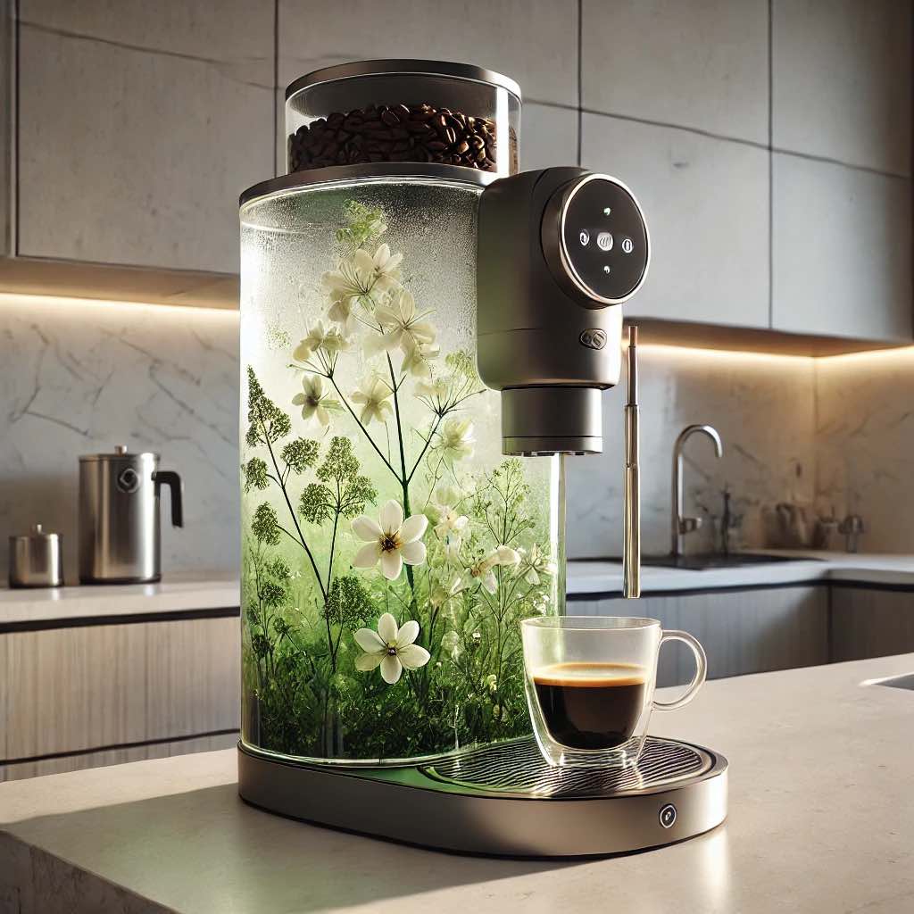 A unique coffee machine with green botanical elements inside a transparent panel.