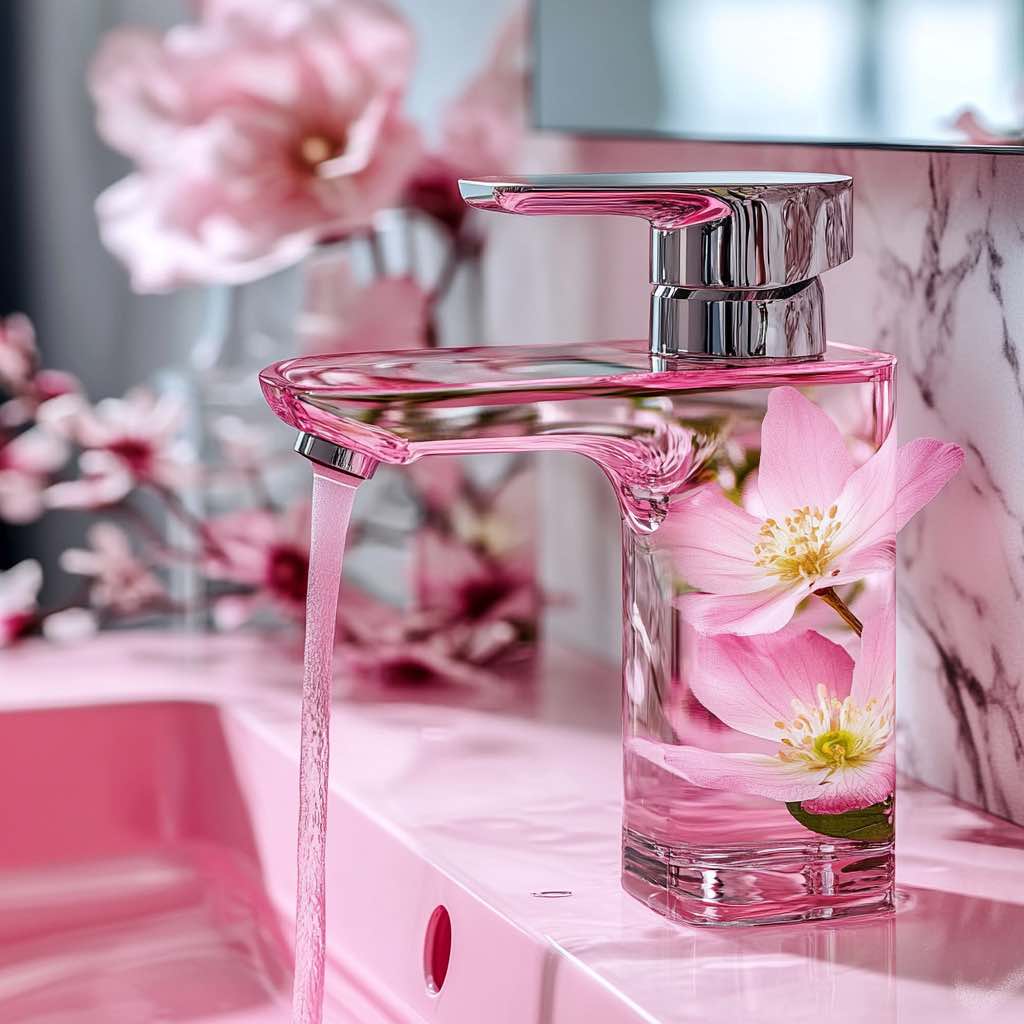 A beautifully designed transparent pink glass faucet with delicate pink flowers inside, enhancing a luxurious pink-themed bathroom setting.