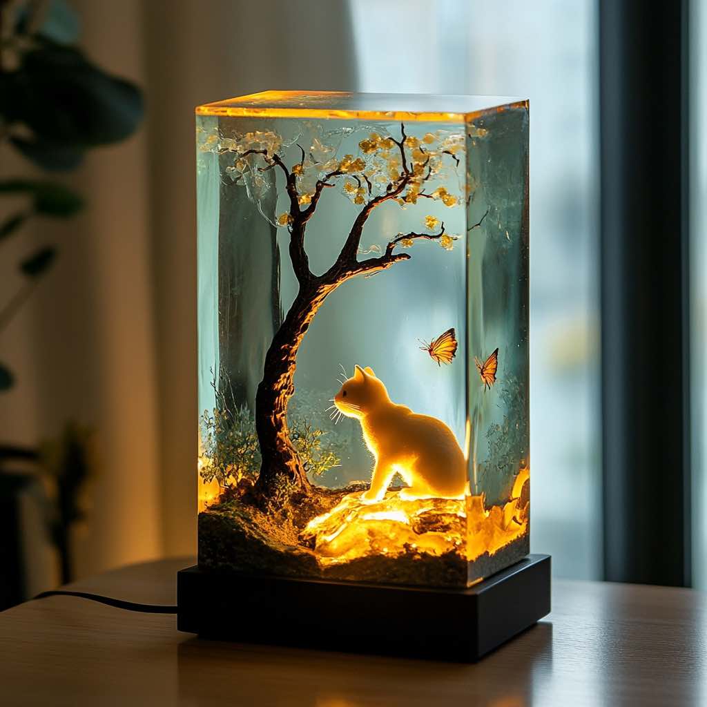 A transparent glass lamp featuring a glowing cat, tree branches, and butterflies in warm lighting.