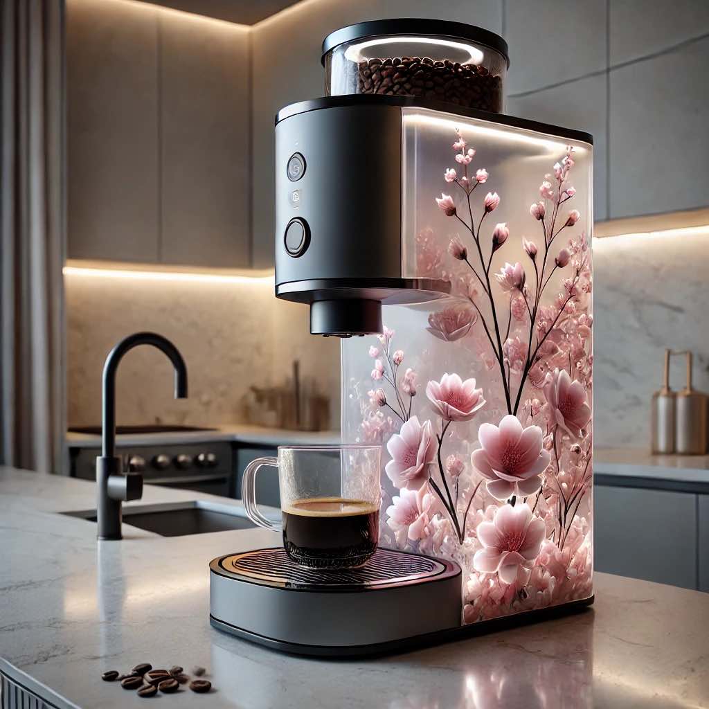 A beautiful floral coffee machine with cherry blossom designs and a sleek, modern look