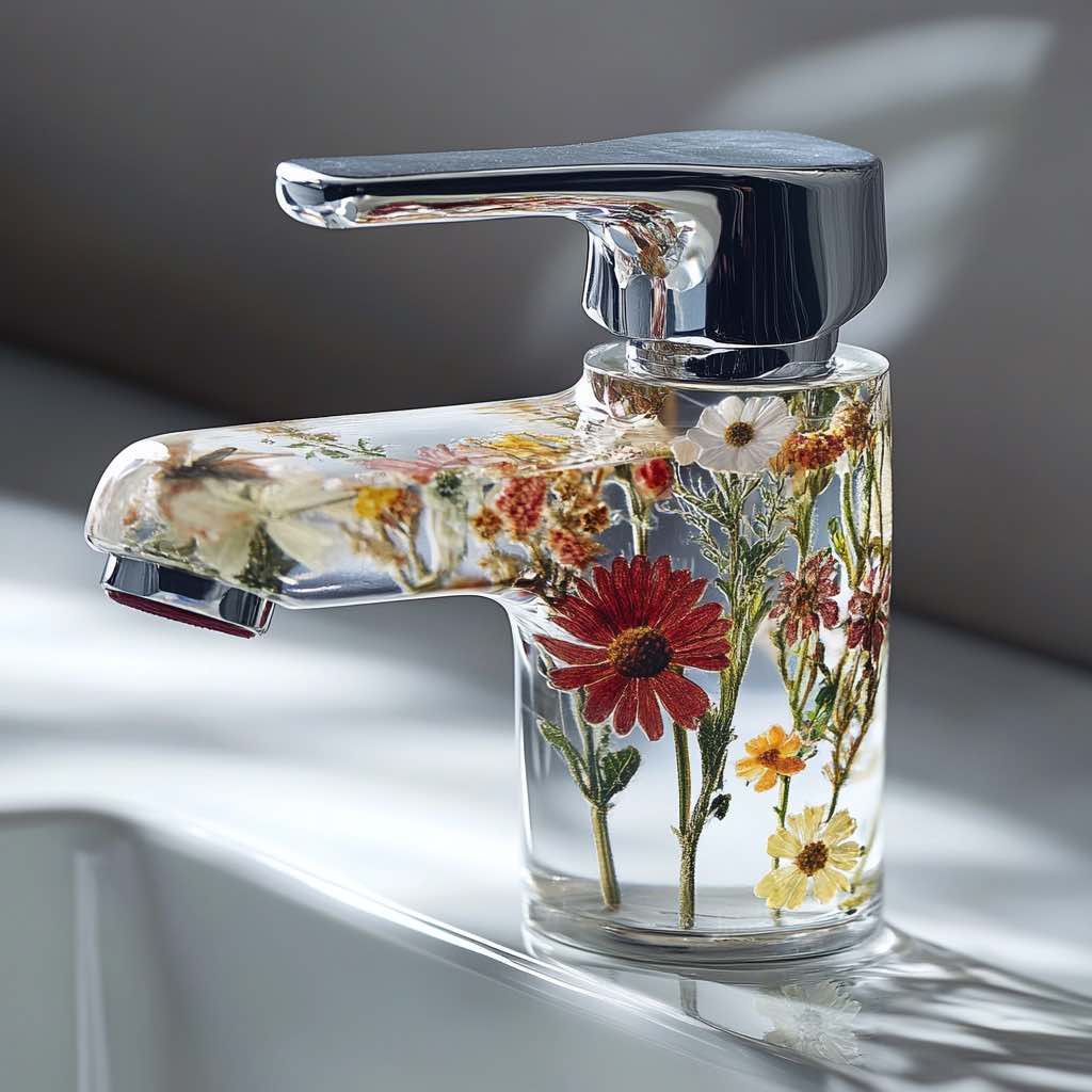 A transparent glass faucet with embedded wildflowers, offering a fresh and nature-inspired aesthetic for a serene bathroom ambiance.