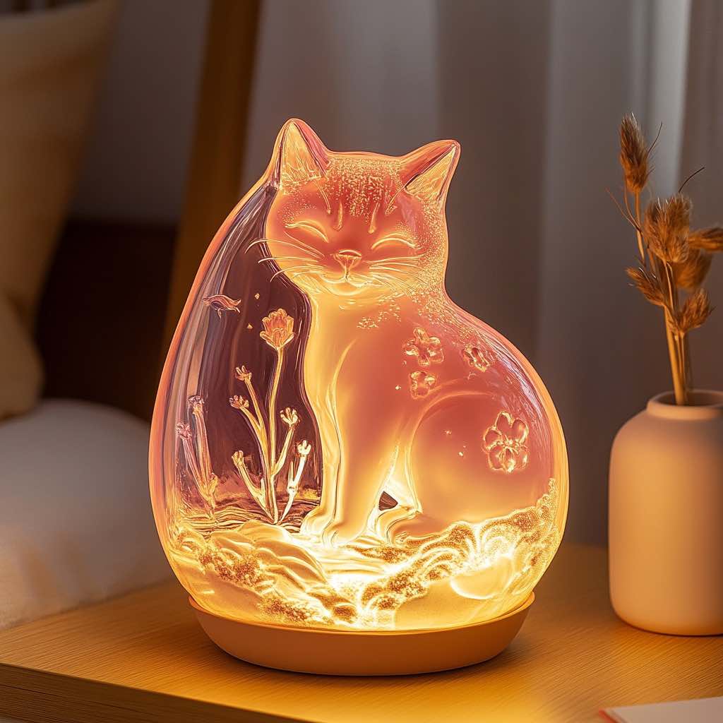A cat-shaped ambient lamp with floral engravings, glowing warmly on a bedside table.