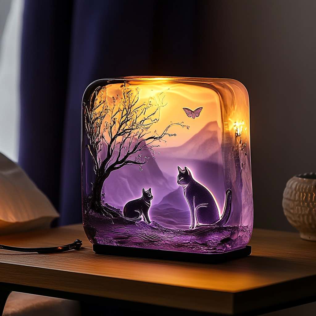 A glowing purple cat-themed lamp featuring two cats under a tree with a mountain backdrop.