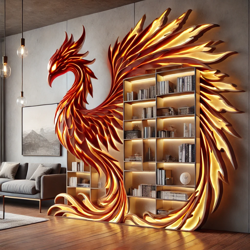  A striking red and gold phoenix bookshelf with illuminated feather-like carvings, exuding warmth and energy