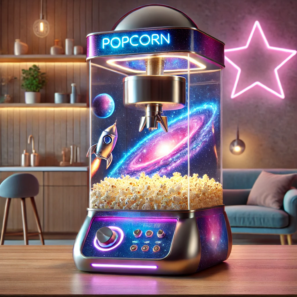 A high-tech popcorn machine with nebula lighting, stainless steel interior, and a glowing spaceship-inspired control panel.
