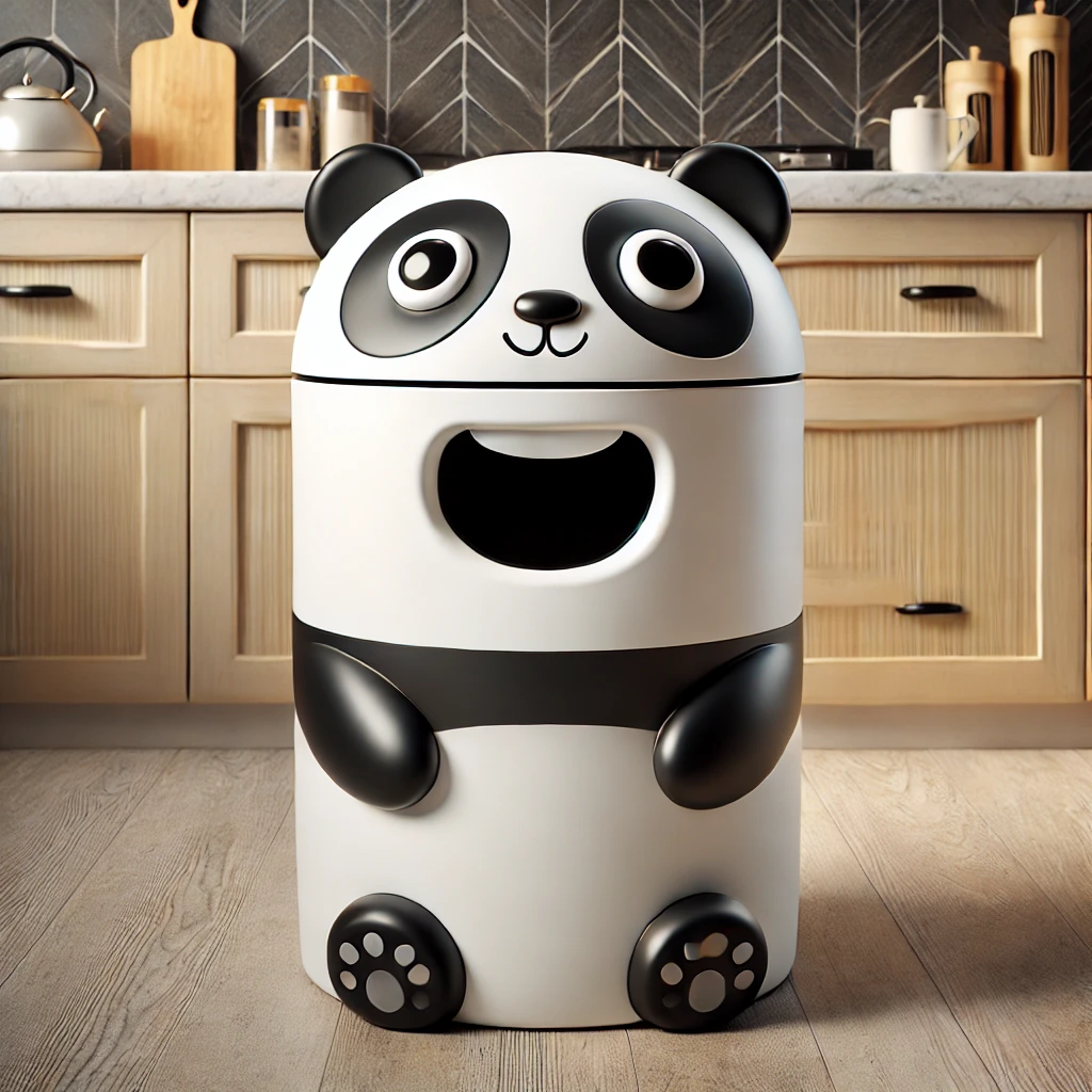 A black-and-white panda-shaped kitchen bin with a smiling face in a contemporary kitchen.
