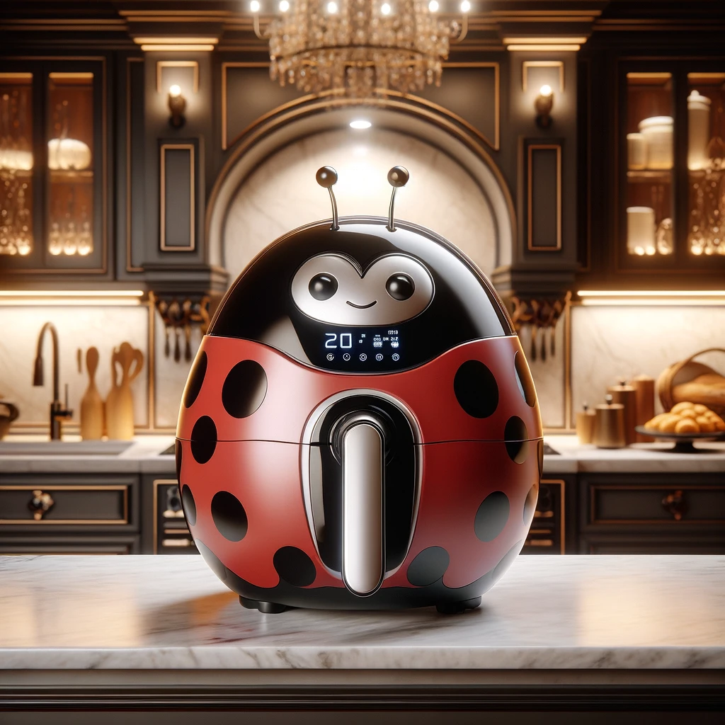 A red-and-black spotted ladybird-themed air fryer with a friendly smile, displayed on a luxurious kitchen counter.