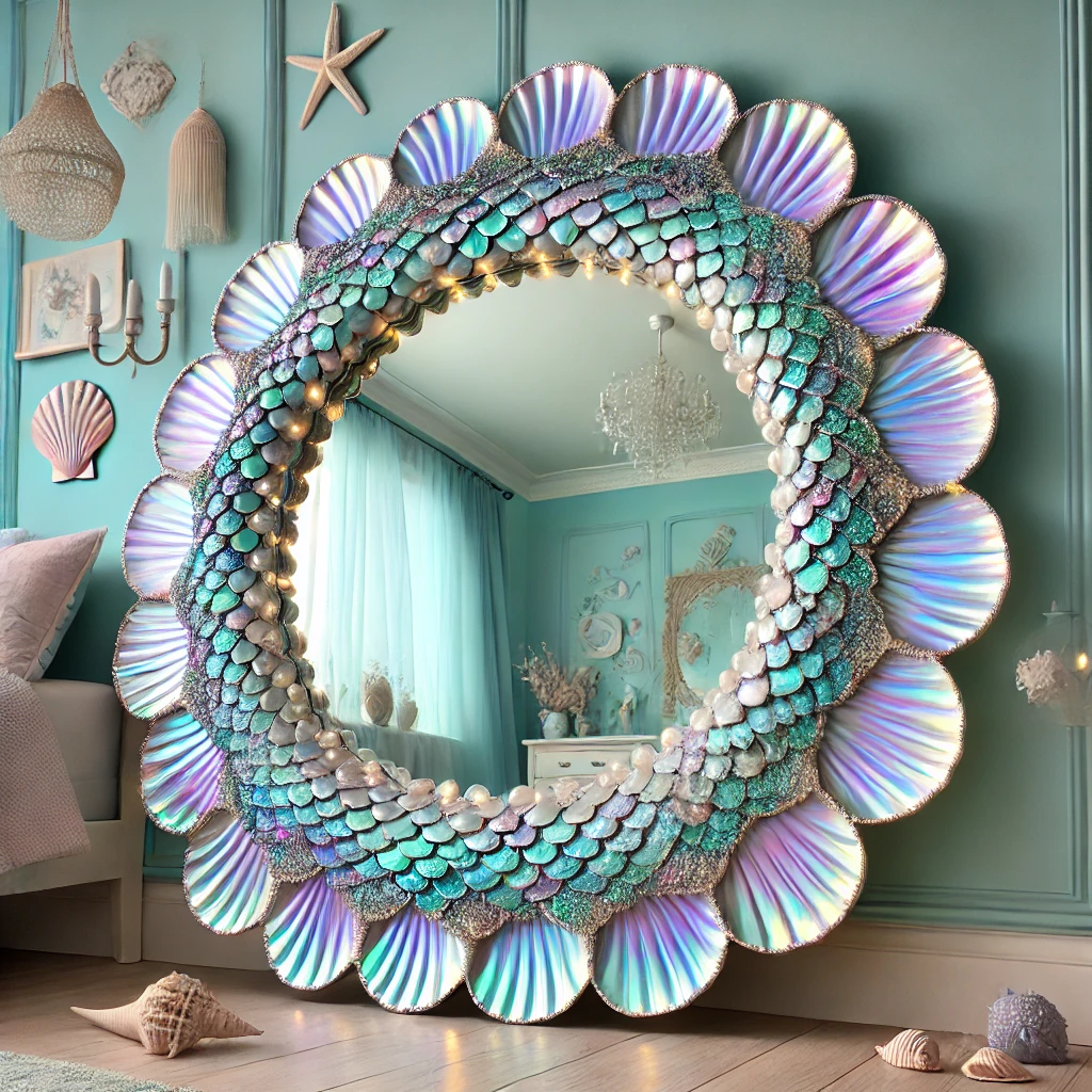 A decorative round seashell mirror with intricate shell layers, iridescent hues, and ocean-inspired decor.