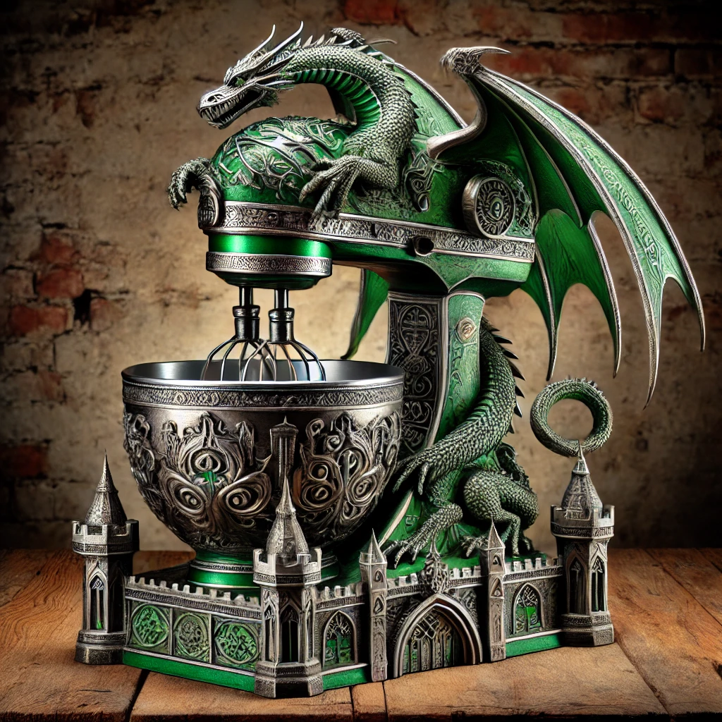 A striking green dragon-themed stand mixer with an ornate fantasy design and gothic-style architecture