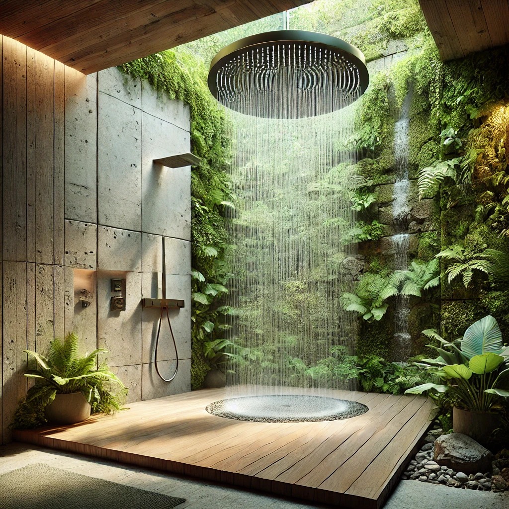 A stunning outdoor rainfall shower with lush greenery and wooden flooring.