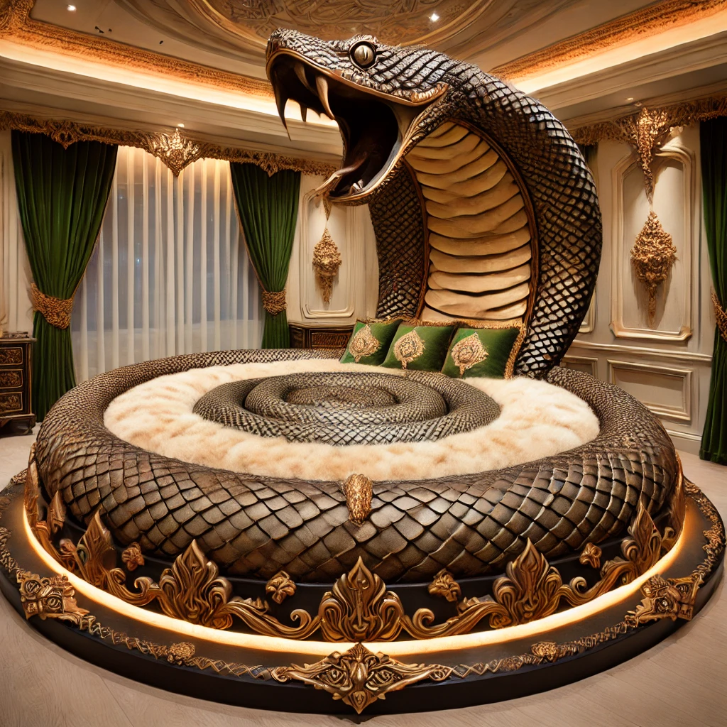 A majestic bronze and gold snake-themed round bed with intricate scales, fur-textured bedding, and a towering cobra headboard in a luxury bedroom.
