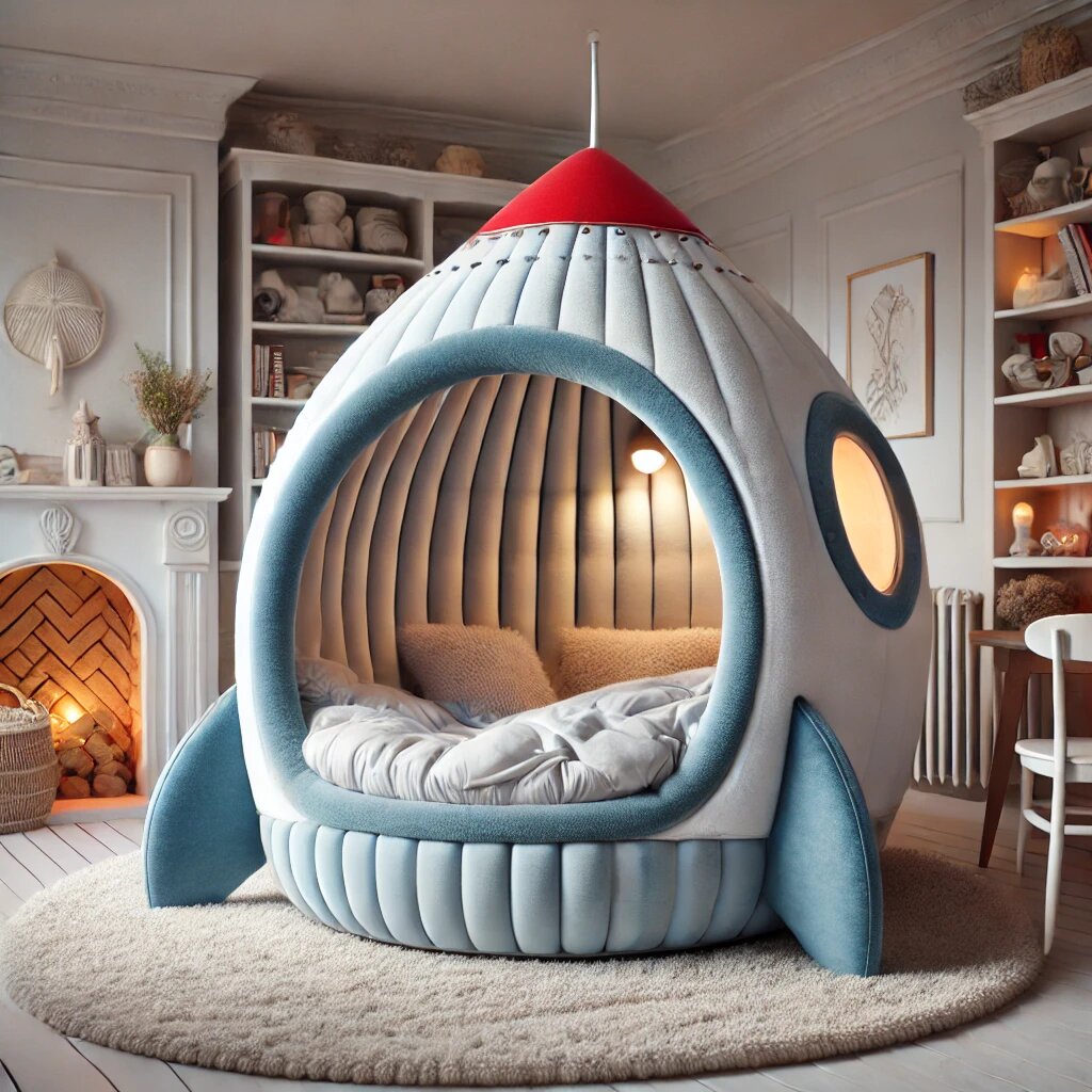 A stylish white and blue rocket ship bed with a soft, cushioned interior, perfect for a space-themed children's bedroom.