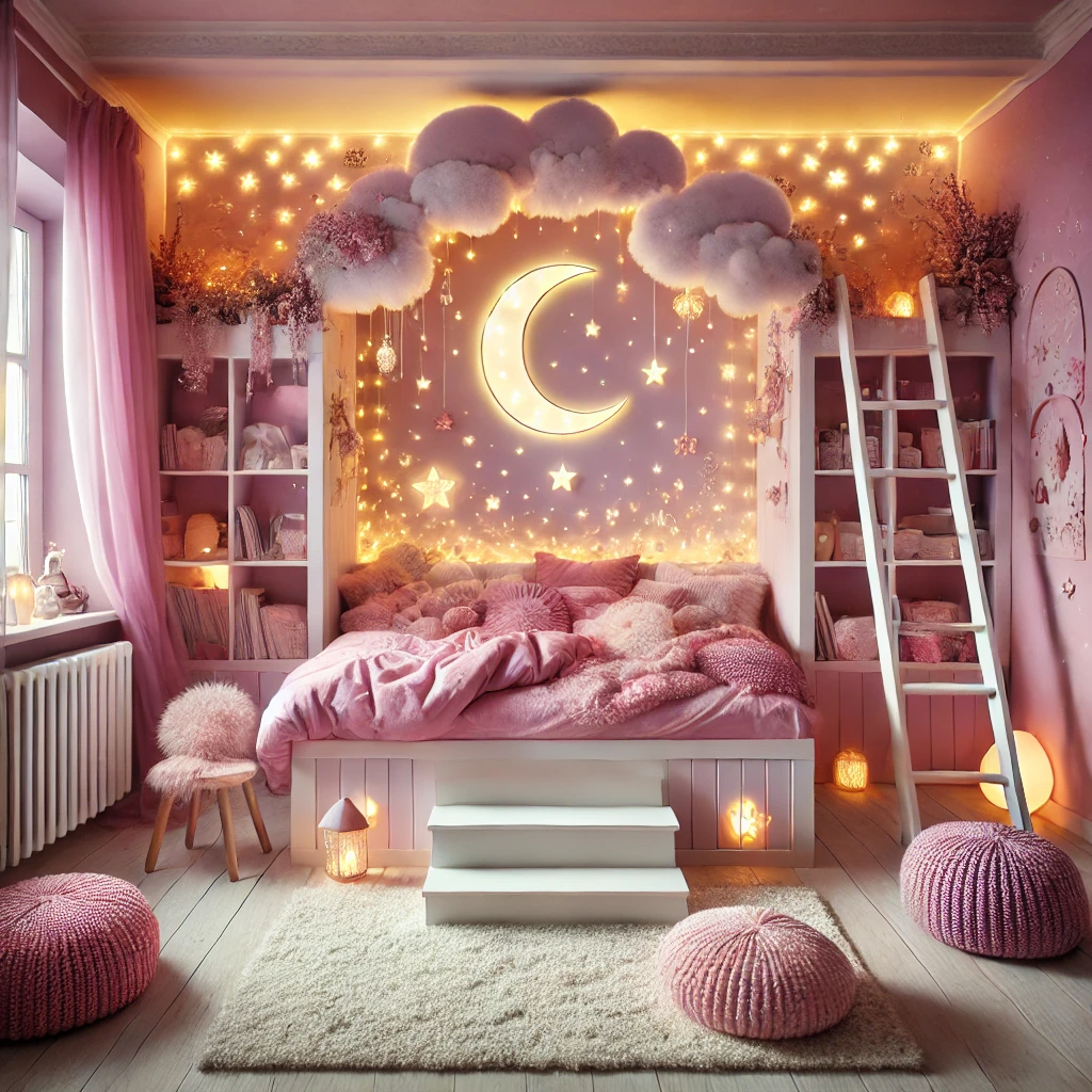 A pink-themed bedroom with soft lighting, a glowing crescent moon, and dreamy cloud decorations.