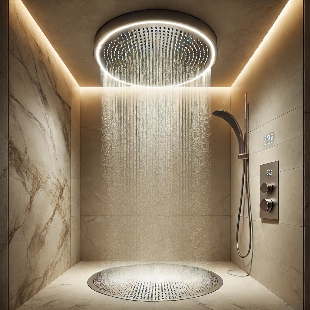 A modern rainfall shower with marble walls and soft ambient lighting.