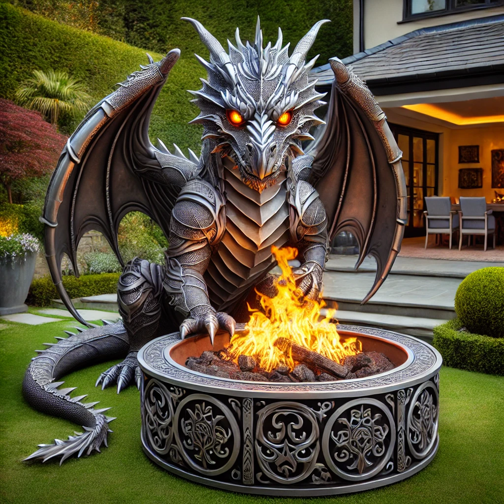 An intricately designed metallic dragon fire pit with glowing orange eyes, positioned on a lush green lawn.