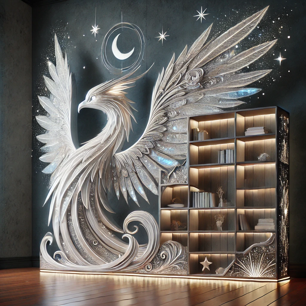 A silver phoenix bookshelf with cosmic-inspired features, moonlit accents, and a shimmering, ethereal design.