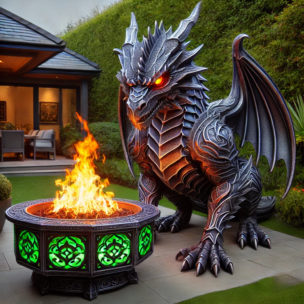 A beautifully detailed dragon fire pit with a gothic-style base, featuring glowing green designs and vibrant fire.