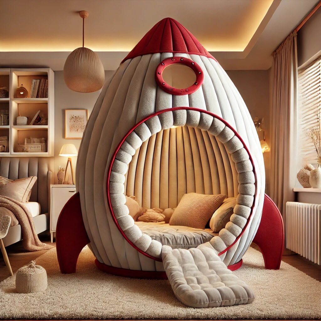  A red and white rocket ship bed with a padded entrance ramp, soft interior lining, and a warm-lit bedroom environment.