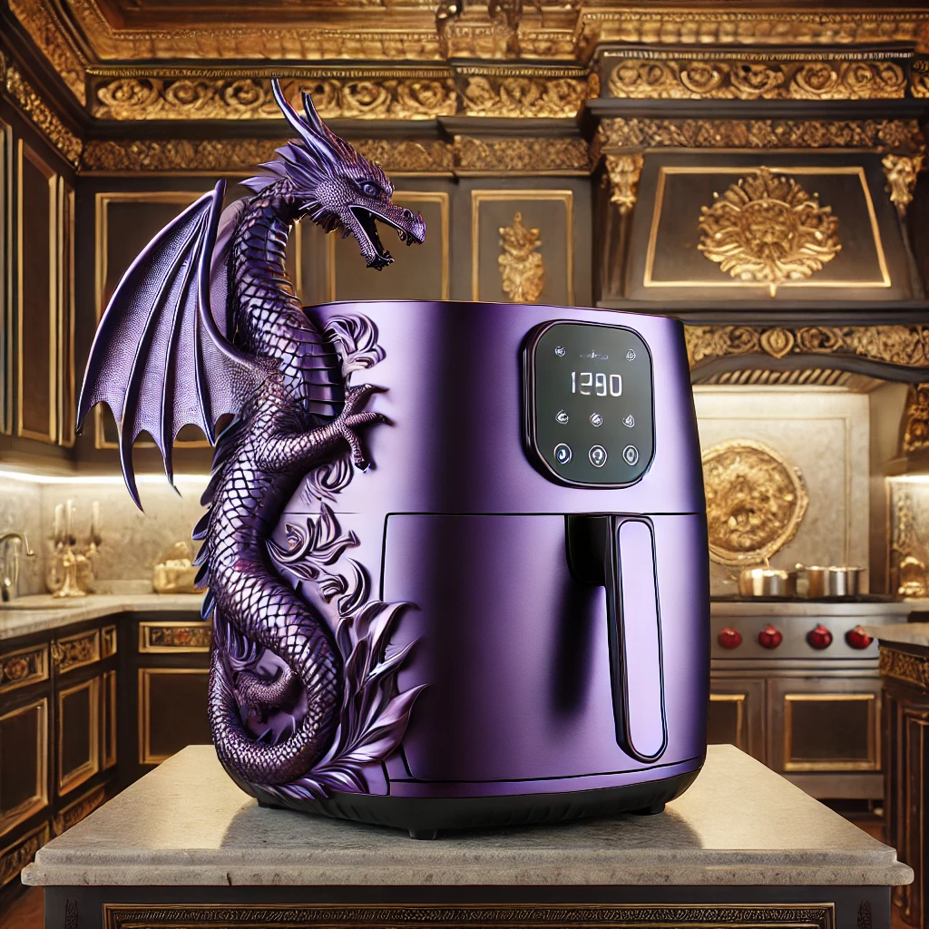 A deep purple air fryer with a sculpted dragon design, set in a grand fantasy-style kitchen with gold accents.