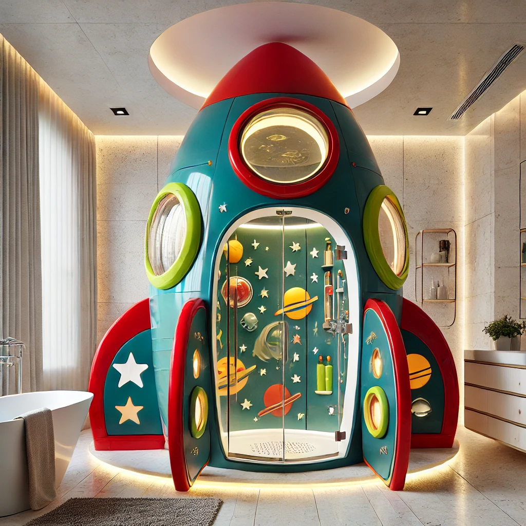 A vibrant rocket-shaped bathroom with bright colours, planetary decorations, and a space-themed shower area.