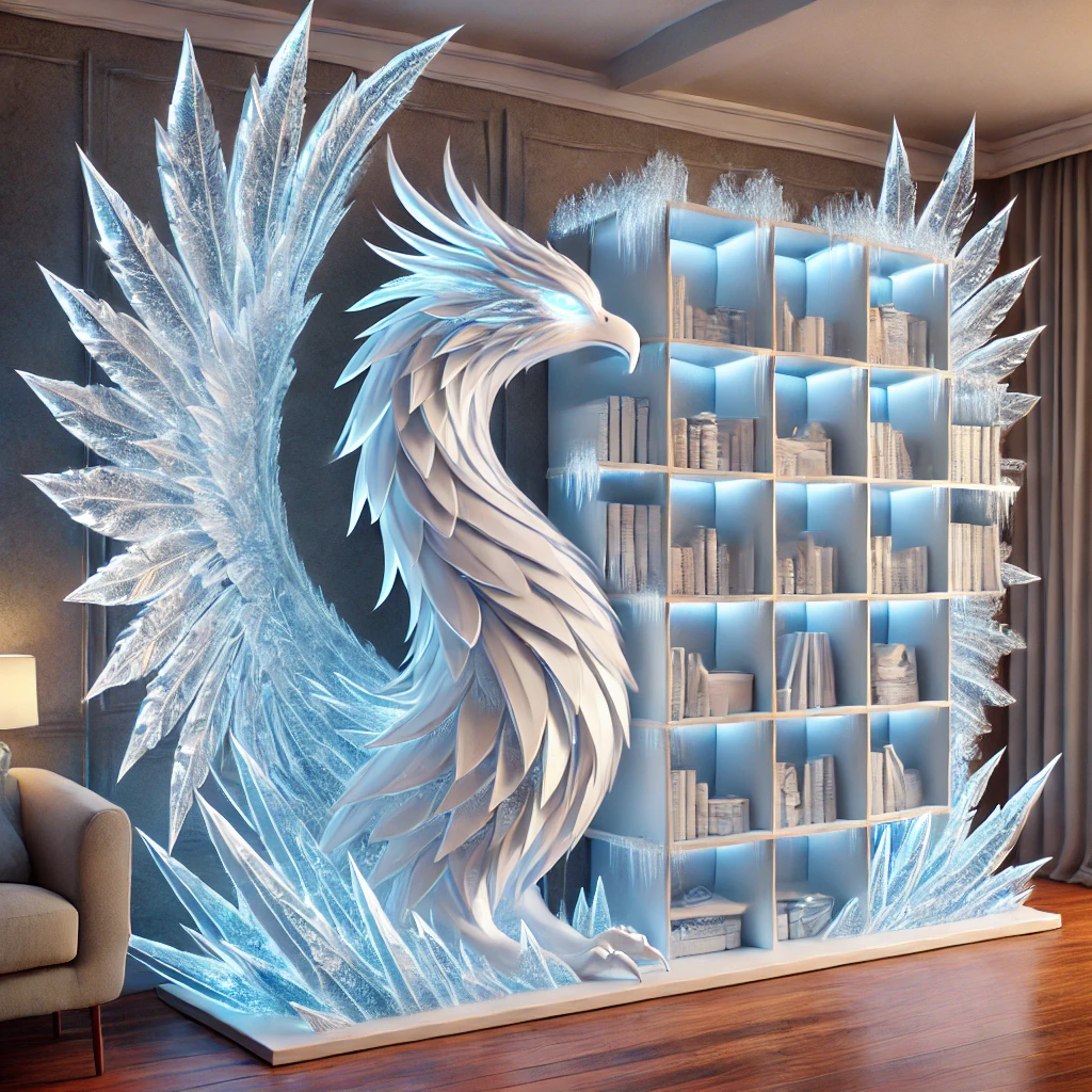A breathtaking ice-blue phoenix bookshelf with frost-inspired details and glowing LED lights.