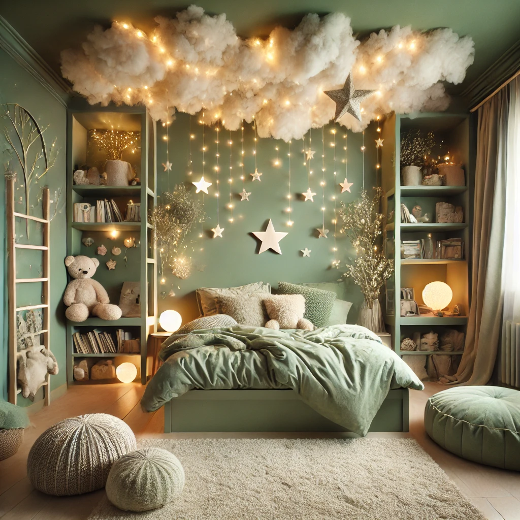 A sage green bedroom with plush bedding, knitted pouffes, fairy lights, and celestial star decorations.