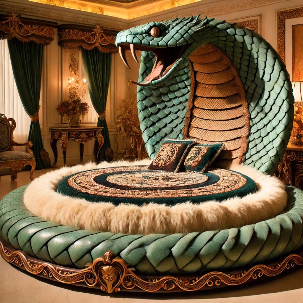 A stunning green round bed with a snake-shaped headboard, featuring intricate textures and gold accents in a regal bedroom.