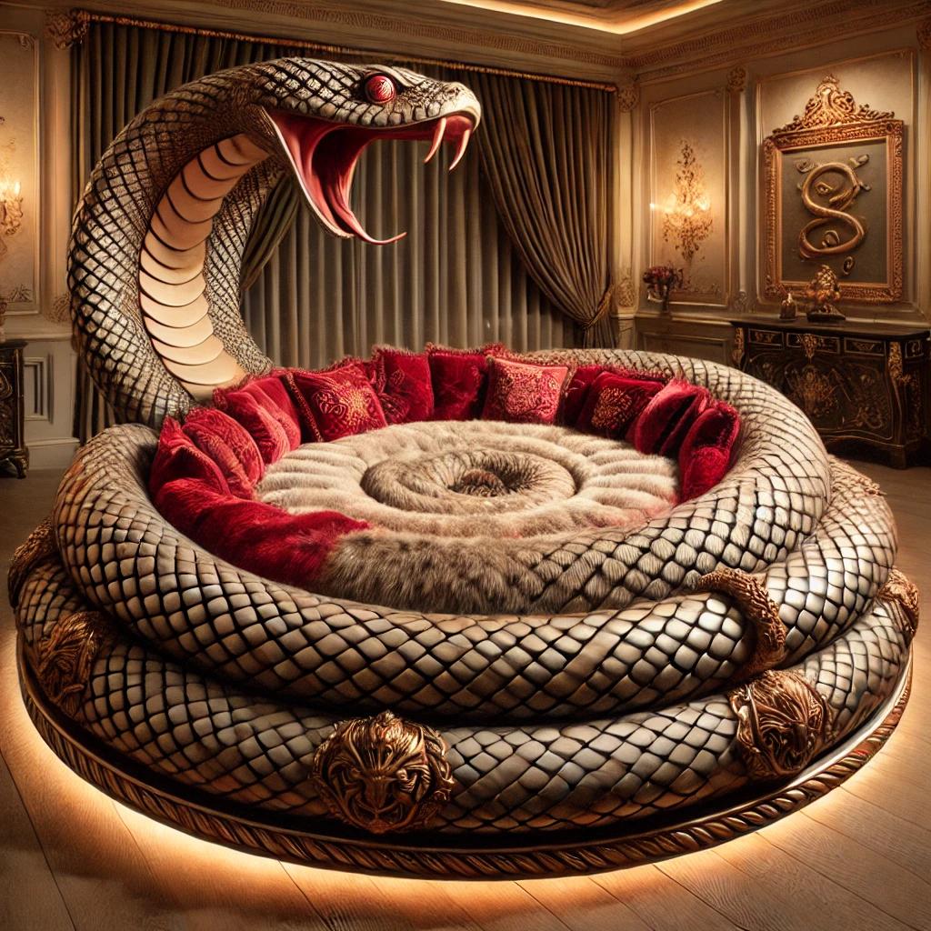 A grand snake-inspired round bed with intricate scales, deep red cushions, and gold detailing, set in an elegant room.