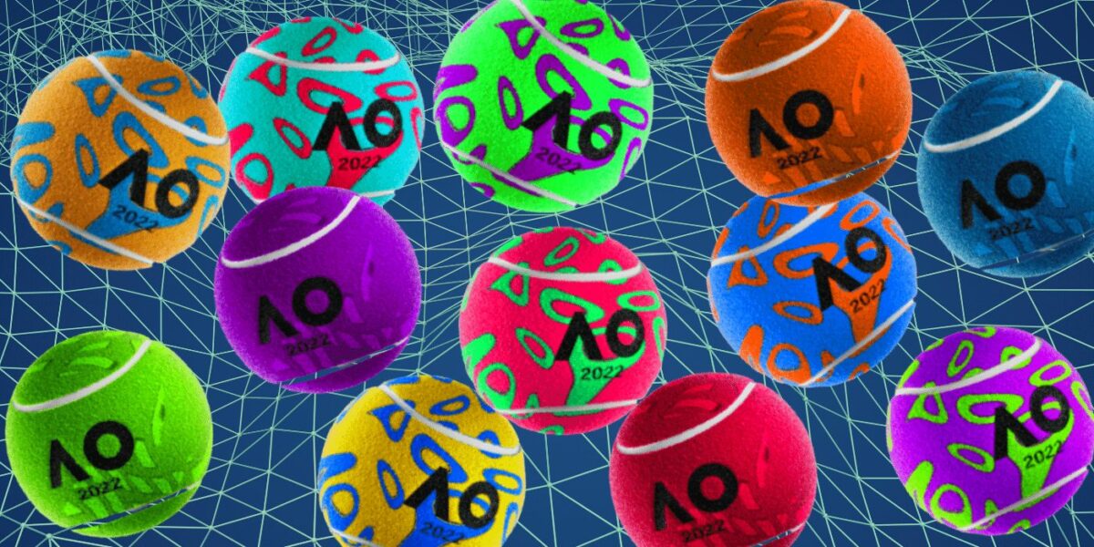 Colorful Australian Open NFTs featuring tennis balls with vibrant patterns and the "AO 2022" logo against a digital grid background.