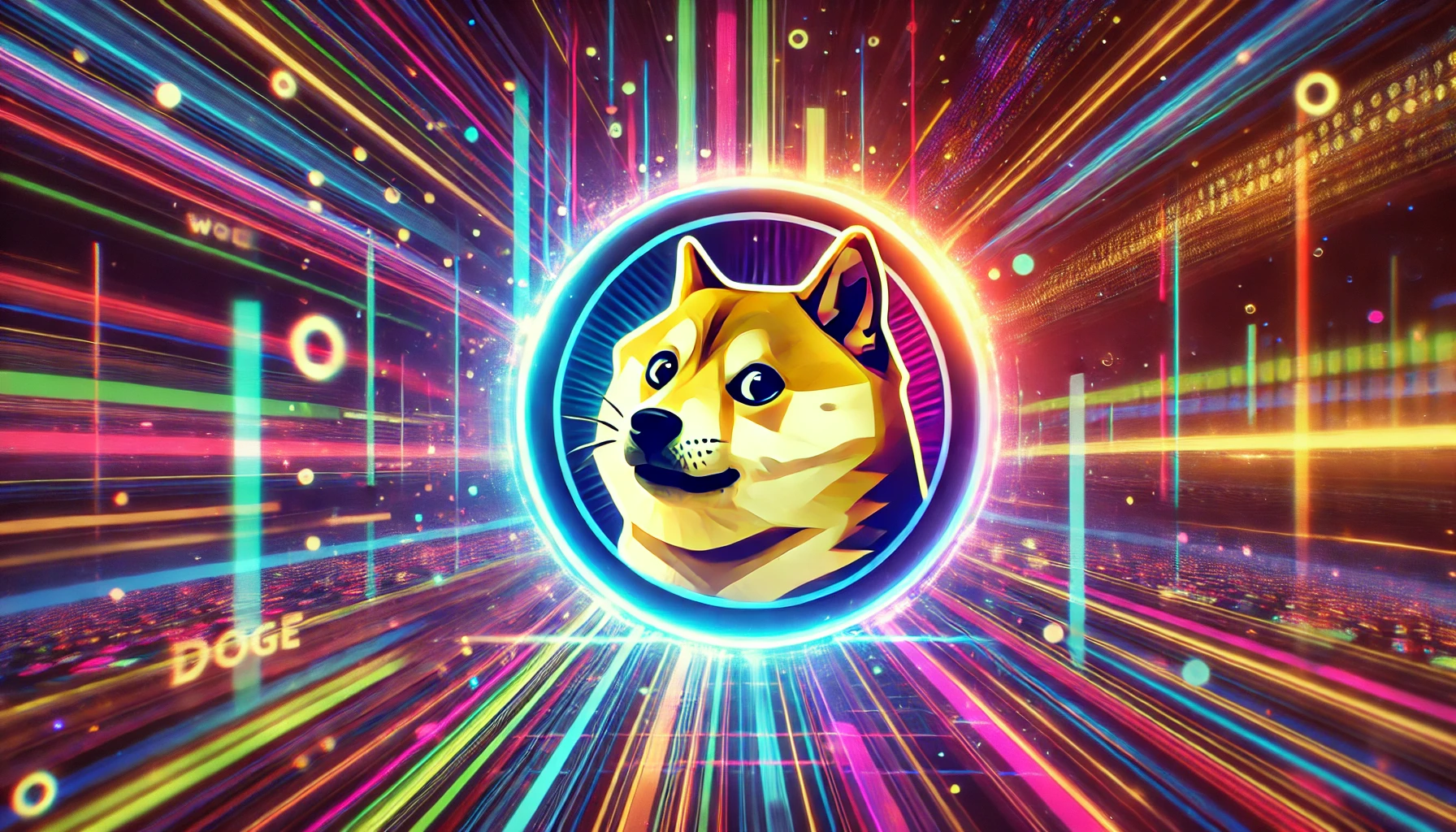 Vibrant digital artwork of Dogecoin (DOGE) with neon lights and futuristic graphics, symbolising cryptocurrency growth and innovation.