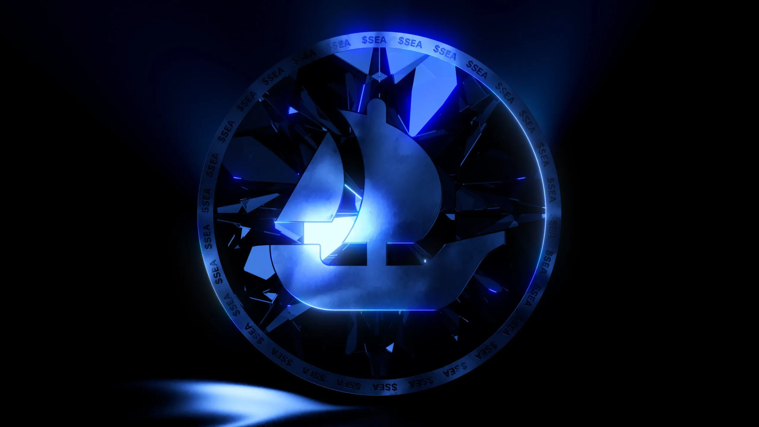 Web3 developments: Glowing blue OpenSea SEA token with a shattered glass effect, symbolising the launch of its new cryptocurrency in a digital finance landscape.