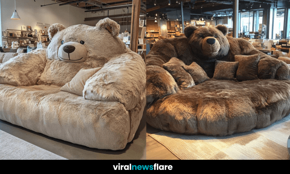 A giant teddy bear sofa in a modern home decor store, offering plush comfort and a whimsical design.