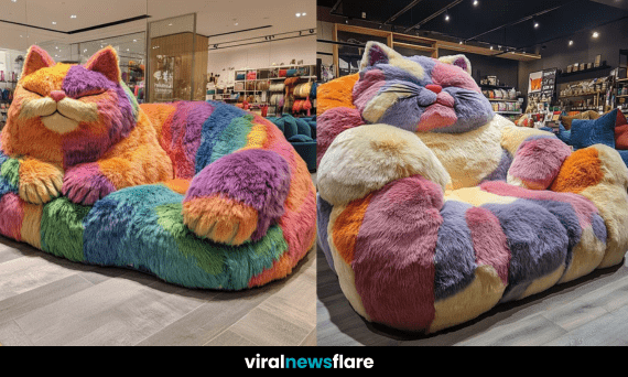 A giant plush cat sofa in a modern retail store, featuring ultra-soft faux fur and a whimsical design.