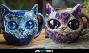 A collection of stunning crystal-inspired cat mugs featuring gemstone-like eyes and intricate sculpted details.