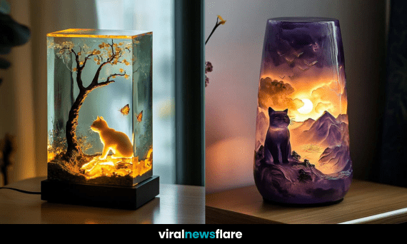 A collection of beautifully crafted cat-themed ambient lamps with glowing artistic designs.