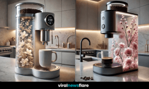 A stunning collection of floral coffee machines with intricate botanical designs displayed in a modern kitchen.