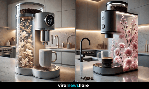 A stunning collection of floral coffee machines with intricate botanical designs displayed in a modern kitchen.