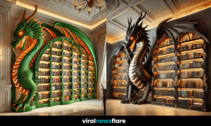 Luxurious home library featuring an intricately designed dragon bookshelf with glowing eyes and detailed carvings.