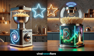 A modern popcorn machine with a space-themed design, LED lights, and a galaxy-inspired display in a stylish kitchen.