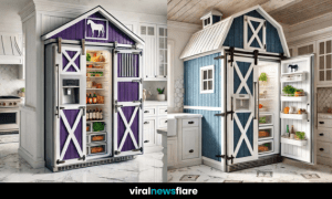 A rustic barn-style refrigerator designed to resemble a farmhouse barn, seamlessly blending into a modern kitchen.