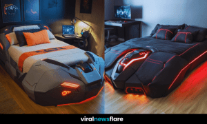 A high-tech bed with LED lights, futuristic design, and immersive aesthetic for modern interiors.