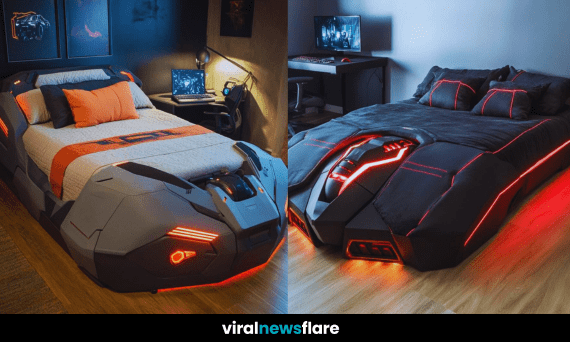 A high-tech bed with LED lights, futuristic design, and immersive aesthetic for modern interiors.