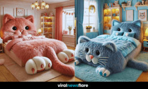 A stylish bedroom featuring a large, fluffy cat-shaped bed in a soft pastel aesthetic.
