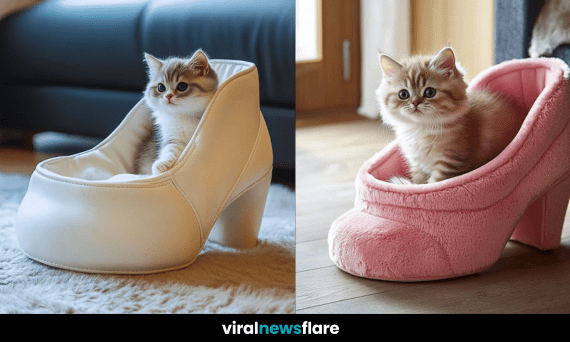 A fluffy kitten resting inside a stylish shoe-shaped pet bed, looking adorable and relaxed.