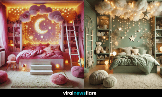 A beautifully designed dreamy bedroom with soft lighting, star decorations, and cosy textures.